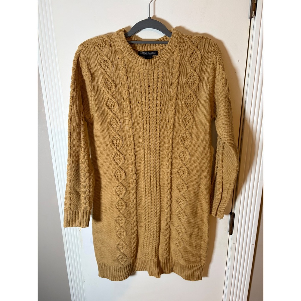 Sabrina Lauren New York Mustard Cable Knit Sweater Dress Size S Long Sleeve